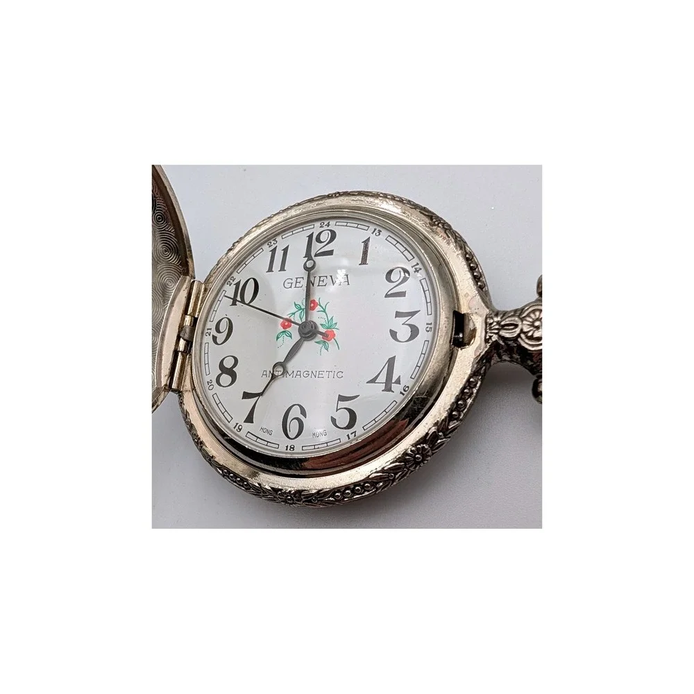 Geneva Pocket Watch Silver Tone Steam Train Locomotive Floral Antimagnetic